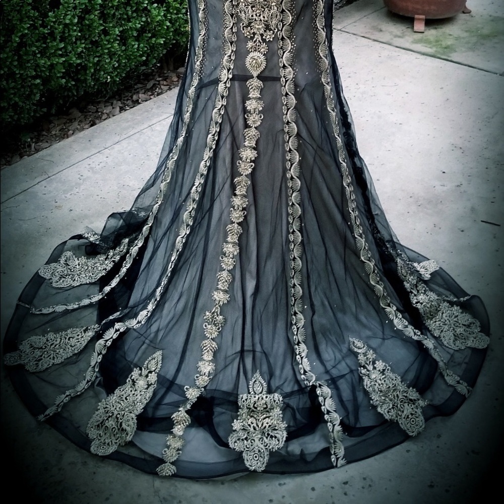 Stunning Smokey Black and Gold Long train gown!